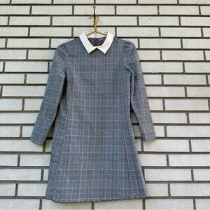 Nice Claup Gray Plaid Long Sleeve Mini Dress White Contrast Collar Scalloped Hem